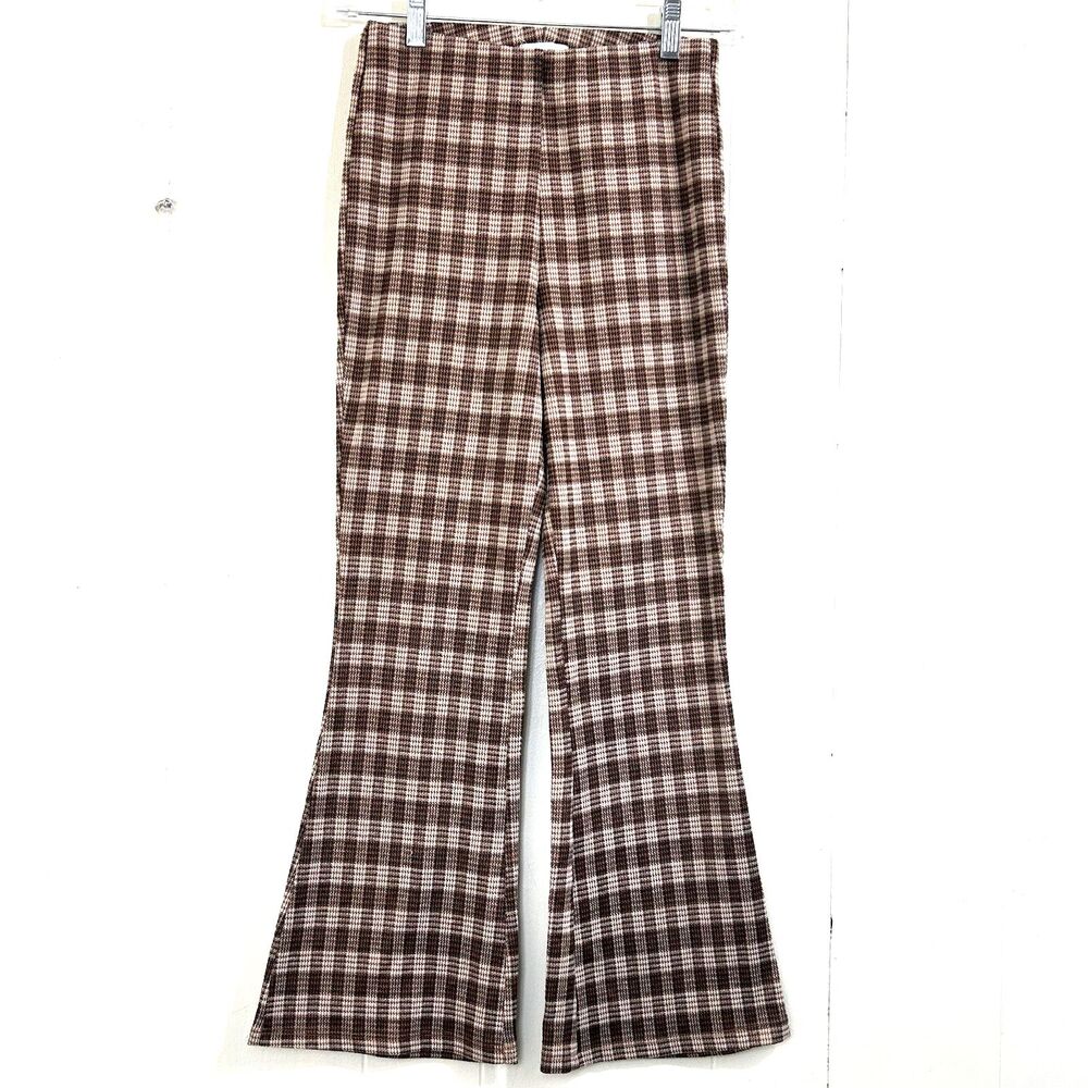 Love on a Hanger Stretchy Knit Tartan Flare Pants Size 3 Brown Cream Color